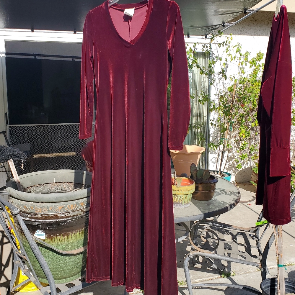 Ling sleeve velveteen burgundy A line dress.  Look regal be comfortable